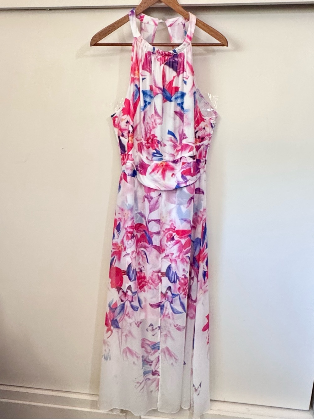 Venus Floral Halter mini plus  Maxi Dress 
Fuchsia and Blue butterfly detail